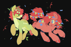 Size: 2171x1438 | Tagged: safe, artist:stagsbane, pinkie pie, oc, oc:carrot (friendlyfloaty), earth pony, pony, g4, ambiguous gender, black background, canon x oc, confetti, duo, female, green coat, mare, simple background, smiling