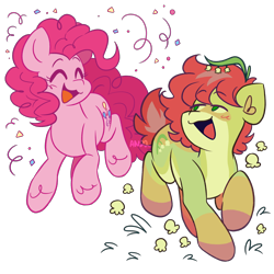Size: 2000x2000 | Tagged: safe, artist:sillybigcat, pinkie pie, oc, earth pony, pony, ambiguous gender, artfight, canon x oc, confetti, duo, eyes closed, female, green coat, mare, open mouth, open smile, pink coat, pink mane, raised hoof, red mane, simple background, smiling, transparent background