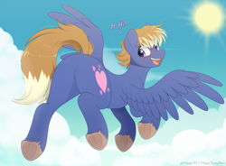 Size: 1600x1179 | Tagged: safe, artist:higglytownhero, oc, oc only, oc:maxwell, pegasus, pony, cloud, dialogue, eye clipping through hair, flying, looking at you, looking back, looking back at you, male, open mouth, rear view, sky, smiling, spread wings, stallion, sun, unshorn fetlocks, wings