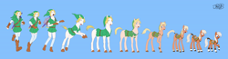 Size: 18592x4867 | Tagged: safe, artist:jowyb, earth pony, hylian, pony, g4, absurd resolution, blue background, character to character, clothes, coat markings, epona, link, male to female, ponified, saddle, simple background, socks (coat markings), species swap, tack, the legend of zelda, transformation, transformation sequence, transforming clothes, transgender transformation