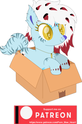 Size: 1637x2476 | Tagged: safe, artist:pure-blue-heart, oc, oc only, oc:brisk bully, cat, cat pony, original species, pony, box, cat nose, coat markings, ear fluff, female, if i fits i sits, jewelry, mare, multicolored mane, necklace, patreon, patreon logo, patreon reward, pony in a box, simple background, smiling, solo, transparent background, watermark, yellow eyes