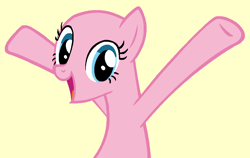 Size: 938x594 | Tagged: source needed, safe, artist:ameliagirls53, pinkie pie, earth pony, pony, g4, season 1, arms in the air, bald, base, bipedal, female, hands in the air, mare, simple background, solo, talking, tan background, wat