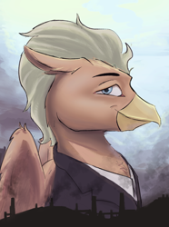 Size: 1560x2100 | Tagged: safe, artist:tofuslied-, oc, oc only, oc:plumage moonfeather, hippogriff, equestria at war mod, bust, clothes, jacket, necktie, portrait, solo