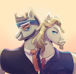 Size: 1590x1555 | Tagged: safe, colter sobchak, jeff letrotski, earth pony, pony, g4, clothes, duo, duo male, facial hair, gay, looking at each other, looking at someone, male, simple background, suit