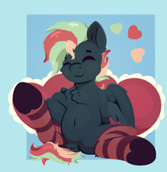 Size: 1833x1893 | Tagged: safe, artist:rhythmpixel, oc, oc only, oc:treading step, pegasus, belly, chest fluff, chubby, clothes, dock, eyes closed, happy, male, pillow, socks, solo, stallion, tail