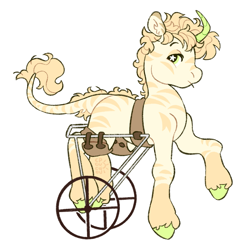Size: 1941x1986 | Tagged: oc name needed, safe, artist:cocopudu, oc, oc only, hybrid, pony, unicorn, zony, g2, back fluff, blonde mane, blonde tail, coat markings, colored eartips, colored hooves, colored horn, commission, cream coat, curly mane, curly tail, curved horn, ear fluff, eyebrows, facial markings, frown, green eyes, horn, hybrid oc, leonine tail, lidded eyes, long tail, looking back, profile, raised eyebrow, raised hoof, short mane, signature, simple background, socks (coat markings), solo, standing, starry eyes, striped, striped ears, stripes, style emulation, tail, unicorn oc, unique horn, unshorn fetlocks, wheelchair, white background, wingding eyes, yellow mane, yellow tail, zony oc