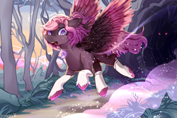 Size: 2351x1567 | Tagged: safe, oc, oc only, pegasus, pony, forest, horror, monster, nature, pegasus oc, predator, running, tree, wings, z0ri0n