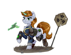 Size: 6200x4800 | Tagged: safe, artist:singovih, oc, oc only, oc:littlepip, pony, unicorn, fallout equestria, armor, bag, clothes, female, horn, jumpsuit, looking at you, magic, mare, road sign, saddle bag, simple background, solo, telekinesis, weapon