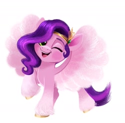 Size: 1425x1407 | Tagged: safe, artist:allisonpopick, pipp petals, pegasus, pony, g5, adorapipp, cute, diadem, female, happy, headband, jewelry, mare, one eye closed, open mouth, open smile, raised hoof, regalia, simple background, smiling, solo, spread wings, unshorn fetlocks, white background, wings, wink