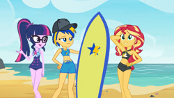 Size: 1147x645 | Tagged: safe, artist:richardchibbard, sci-twi, sunset shimmer, twilight sparkle, oc, oc:flare spark, human, equestria girls, g4, baseball cap, beach, cap, clothes, female, glasses, hat, one-piece swimsuit, ponytail, sci-twi swimsuit, sunset shimmer swimsuit, surfboard, swimsuit, trio, trio female