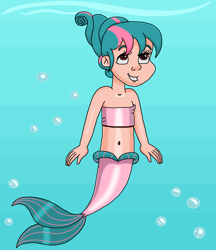 Size: 802x928 | Tagged: safe, artist:ocean lover, tulip swirl, human, mermaid, g4, bandeau, bare shoulders, belly, belly button, bubble, cheerful, child, cute, excited, excitement, fins, fish tail, green hair, hair bun, happy, human coloration, humanized, light skin, looking up, mermaid tail, mermaidized, mermay, midriff, ms paint, ocean, pink tail, red eyes, short hair, sleeveless, smiling, species swap, swimming, tail, tail fin, two toned hair, underwater, water