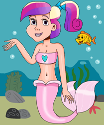 Size: 912x1093 | Tagged: safe, artist:ocean lover, princess cadance, fish, human, mermaid, starfish, g4, bandeau, bare midriff, bare shoulders, beautiful, belly, belly button, bow, bubble, coral, cute, fins, fish tail, hair bow, heart, human coloration, humanized, light skin, lips, looking at you, mermaid princess, mermaid tail, mermaidized, mermay, midriff, ms paint, multicolored hair, ocean, ponytail, pretty, purple eyes, rock, sleeveless, smiling, smiling at you, species swap, tail, tail fin, teen princess cadance, teenager, underwater, water, young cadance