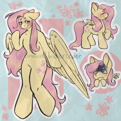 Size: 2048x2048 | Tagged: safe, artist:snows-undercover, fluttershy, pegasus, pony, semi-anthro, beanbrows, blushing, chibi, cute, eyebrows, eyes closed, featureless crotch, female, mare, nervous, raised hoof, scared, shy, shyabetes, smiling, solo, teary eyes, watermark, wavy mouth