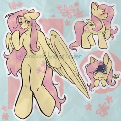 Size: 2048x2048 | Tagged: safe, artist:snows-undercover, fluttershy, pegasus, pony, semi-anthro, g4, beanbrows, blushing, chibi, cute, eyebrows, eyes closed, featureless crotch, female, mare, nervous, raised hoof, scared, shy, shyabetes, smiling, solo, teary eyes, watermark, wavy mouth