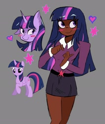 Size: 1740x2048 | Tagged: safe, artist:billtism, twilight sparkle, alicorn, human, pony, g4, belt, blushing, clothes, cute, dark skin, female, gray background, heart, humanized, mare, shirt, simple background, skirt, solo, twiabetes, twilight sparkle (alicorn)