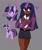Size: 1740x2048 | Tagged: safe, artist:billtism, twilight sparkle, alicorn, human, pony, belt, blushing, clothes, cute, dark skin, female, gray background, heart, humanized, mare, shirt, simple background, skirt, solo, twiabetes, twilight sparkle (alicorn)