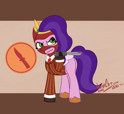 Size: 1680x1552 | Tagged: safe, artist:ismazhecat, pipp petals, pegasus, pony, g5, butterfly knife, clothes, diadem, female, jewelry, mare, regalia, smiling, smirk, solo, spy (tf2), team fortress 2, tuxedo