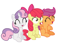 Size: 510x372 | Tagged: safe, artist:snowflakepone, apple bloom, scootaloo, sweetie belle, earth pony, pegasus, unicorn, g4, best pony, cute, cutie mark crusaders, female, filly, foal, happy, horn, laughing, simple background, trio, trio female, white background, wip