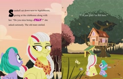Size: 4096x2650 | Tagged: safe, artist:bearmation, apple bloom, seashell (g5), earth pony, pony, g4, g5, clothes, clubhouse, crusaders clubhouse, duo, duo female, elderly, female, filly, foal, granny smith's shawl, high res, mare, older, older apple bloom, pippsqueaks, scarf, story included, text, tree, treehouse