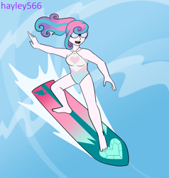 Size: 2567x2700 | Tagged: safe, artist:hayley566, princess flurry heart, equestria girls, g4, alternate hairstyle, barefoot, clothes, commission, equestria girls-ified, feet, female, goggles, older, older flurry heart, open mouth, solo, surfboard, surfing, swimsuit, water, wave