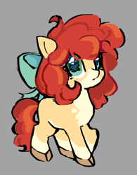 Size: 527x674 | Tagged: safe, artist:krabling, part of a set, apple bloom, earth pony, pony, g4, adorabloom, alternate design, alternate eye color, alternate hairstyle, apple bloom's bow, bangs, big eyes, bow, brown hooves, cloven hooves, coat markings, colored, colored hooves, colored muzzle, curly mane, curly tail, cute, eyelashes, facial markings, female, filly, foal, frown, gray background, green bow, green eyes, hair bow, long mane, long tail, mealy mouth (coat marking), raised hooves, redesign, shiny eyes, simple background, smiling, socks (coat markings), solo, standing, tail, teal eyes, wingding eyes, yellow coat