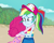 Size: 1188x945 | Tagged: safe, artist:mcdeviantartistyes, pinkie pie, rainbow dash, equestria girls, g4, beach, cap, clothes, comforting, female, hat, hug, ponytail, swimsuit