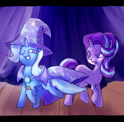 Size: 663x656 | Tagged: safe, alternate version, artist:krabling, starlight glimmer, trixie, pony, unicorn, g4, blue coat, blue mane, blue tail, border, cape, clothes, colored, confused, curtains, detailed background, duo, duo female, eyelashes, female, hat, horn, looking at each other, looking at someone, mare, old art, one eye closed, open mouth, pink coat, purple eyes, raised hoof, raised leg, smiling, smiling at each other, stage, standing, tail, trixie's cape, trixie's hat, two toned mane, two toned tail, unicorn horn, wingding eyes
