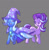 Size: 652x660 | Tagged: safe, alternate version, artist:krabling, starlight glimmer, trixie, pony, unicorn, g4, blue coat, blue mane, blue tail, cape, clothes, colored, confused, duo, duo female, eyelashes, female, gray background, hat, horn, looking at each other, looking at someone, mare, old art, one eye closed, open mouth, pink coat, purple eyes, raised hoof, raised leg, simple background, smiling, smiling at each other, standing, tail, trixie's cape, trixie's hat, two toned mane, two toned tail, unicorn horn, wingding eyes