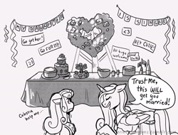 Size: 2166x1646 | Tagged: safe, artist:overlordneon, princess cadance, princess flurry heart, alicorn, pony, banner, cake, dialogue, duo, duo female, female, floppy ears, flower, food, frown, grayscale, heart, mare, monochrome, mother and child, mother and daughter, older, older flurry heart, princess of shipping, punch (drink), punch bowl, rose, simple background, speech bubble, white background