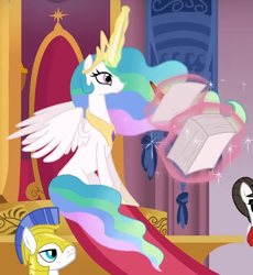 Size: 650x705 | Tagged: safe, screencap, princess celestia, alicorn, pony, g4, season 3, the crystal empire, cropped, crown, ethereal mane, ethereal tail, female, helmet, hoof shoes, jewelry, magic, magic aura, mare, offscreen character, paper, paperwork, partially open wings, peytral, princess shoes, quill, regalia, royal guard, sitting, solo focus, tail, tiara, wings