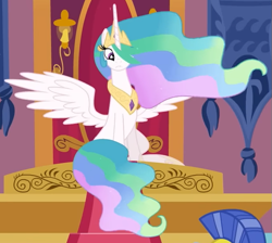 Size: 681x609 | Tagged: safe, screencap, princess celestia, alicorn, pony, g4, season 3, the crystal empire, cropped, crown, ethereal mane, ethereal tail, female, hoof shoes, jewelry, looking at someone, mare, offscreen character, peytral, regalia, sitting, slender, solo focus, spread wings, tail, thin, wings