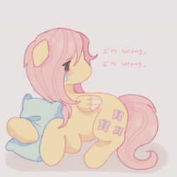 Size: 2800x2800 | Tagged: safe, artist:ariariari.png, fluttershy, pegasus, pony, g4, crying, gray background, pillow, simple background, solo, teardrop