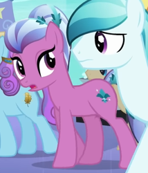 Size: 328x384 | Tagged: safe, screencap, crystal arrow, crystal beau, elbow grease, paradise (g4), sapphire joy, crystal pony, pony, g4, season 3, the crystal empire, cropped, female, looking at each other, looking at someone, male, mare, solo focus, stallion, walking