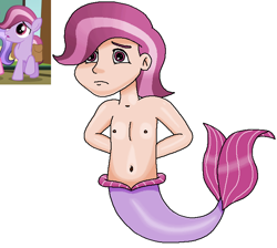 Size: 706x633 | Tagged: safe, artist:ocean lover, lavender bunch, crystal pony, human, merboy, merman, g4, bashful, belly, belly button, chest, child, fins, fish tail, frown, gradient hair, hair over one eye, hands behind back, human coloration, humanized, light skin, male, male nipples, mermay, ms paint, nipples, purple eyes, reference, shy, simple background, species swap, tail, tail fin, two toned hair, white background