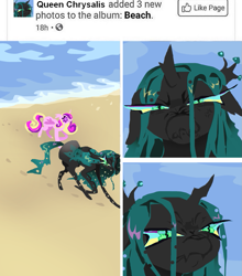 Size: 853x970 | Tagged: safe, artist:larvaecandy, princess cadance, queen chrysalis, alicorn, changeling, changeling queen, pony, g4, angry, beach, black coat, changeling horn, colored, colored hooves, colored sclera, colored wings, cross-popping veins, curly mane, curly tail, duo, duo female, ear fluff, ears back, emanata, facebook, female, floppy ears, folded wings, frown, green mane, green tail, height difference, hoofprints, horn, insect wings, lidded eyes, lineless, long legs, long mane, long tail, looking at you, mare, meme, meme redraw, multicolored mane, multicolored tail, narrowed eyes, nose wrinkle, ocean, outdoors, photoset, pink coat, pink eyes, ponified animal photo, purple sclera, queen chrysalis is not amused, sand, scowl, shiny mane, shiny tail, slender, small horn, smiling, solo focus, straight mane, straight tail, tail, teal sclera, text, thin, thin legs, unamused, unicorn horn, walking, water, wingding eyes, wings