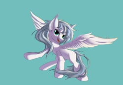 Size: 2360x1640 | Tagged: oc name needed, safe, oc, pegasus, pony, ambiguous gender, blue background, ear tufts, elbow fluff, flying, looking at you, open mouth, simple background, solo, spread wings, turned head, wings