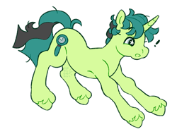 Size: 2048x1554 | Tagged: oc name needed, safe, artist:cocopudu, oc, oc only, pony, unicorn, g2, blue eyes, commission, curly mane, exclamation point, eyebrows, eyebrows visible through hair, g2 oc, green coat, green hooves, horn, leaning forward, long tail, male, open mouth, profile, raised eyebrow, short mane, signature, simple background, solo, stallion, starry eyes, style emulation, surprised face, tail, two toned mane, two toned tail, unicorn horn, unicorn oc, unshorn fetlocks, white background, wingding eyes