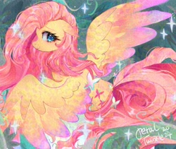 Size: 2048x1726 | Tagged: safe, artist:petaltwinkle, fluttershy, pegasus, pony, g4, abstract background, blue eyes, blushing, colored, colored eyebrows, colored wings, colored wingtips, ear blush, ears back, eye lashes, eyelashes, female, floppy ears, flowing mane, flowing tail, lidded eyes, long mane, long tail, looking back, mare, one wing out, overhead view, pink mane, pink tail, shiny eyes, shiny mane, shiny tail, signature, smiling, solo, sparkles, sparkly eyes, sparkly mane, spread wings, tail, two toned wings, wing fluff, wingding eyes, wings, yellow coat