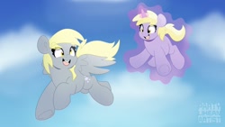 Size: 1200x675 | Tagged: safe, artist:partypievt, derpy hooves, dinky hooves, pegasus, pony, unicorn, g4, cross-eyed, cute, derpabetes, dinkabetes, duo, duo female, eye clipping through hair, eyebrows, eyebrows visible through hair, female, flying, horn, magic, telekinesis