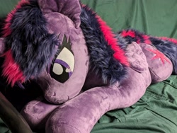 Size: 4624x3472 | Tagged: safe, artist:joltage, photographer:jolts, twilight sparkle, alicorn, pony, descended twilight, g4, alternate cutie mark, female, grin, horn, irl, life size, lying down, mare, photo, plushie, smiling, twilight sparkle (alicorn), wings