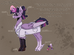 Size: 4800x3600 | Tagged: safe, artist:captaincassidy, twilight sparkle, alicorn, pony, g4, clothes, coat markings, colored eartips, cutie mark, feathered fetlocks, female, folded wings, horror, infection au, mare, purple eyes, purple mane, reference sheet, short mane, side view, socks (coat markings), solo, standing, twilight sparkle (alicorn), wings