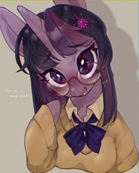 Size: 1569x1965 | Tagged: safe, artist:potetecyu_to, twilight sparkle, unicorn, semi-anthro, g4, arm hooves, blushing, bowtie, breasts, bust, busty twilight sparkle, clothes, female, glasses, horn, looking at you, mare, round glasses, smiling, smiling at you, solo, sweat, sweater, talking to viewer