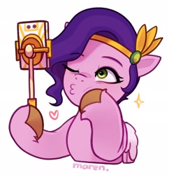 Size: 1984x2048 | Tagged: safe, artist:maren, pipp petals, pegasus, pony, g5, cellphone, colored eyebrows, colored hooves, colored pinnae, colored wings, dexterous hooves, diadem, duckface, eyebrows, eyebrows visible through hair, eyelashes, female, floating heart, folded wings, half body, heart, high res, hoof hold, hoof on cheek, jewelry, looking at something, mare, one eye closed, phone, pipp's phone, regalia, selfie, selfie stick, signature, simple background, smartphone, solo, sparkles, tiara, unshorn fetlocks, white background, wing fluff, wings, wink