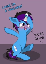 Size: 1444x1992 | Tagged: safe, artist:banquo0, oc, oc only, oc:banquo, earth pony, pony, drunk, male, open mouth, solo, stallion, text, water bottle