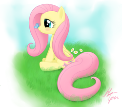 Size: 1600x1400 | Tagged: safe, artist:sameasusual, fluttershy, butterfly, pegasus, pony, g4, blushing, butterfly on nose, daisy (flower), female, flower, gradient background, grass, insect on nose, mare, old art, profile, signature, sitting, smiling, solo