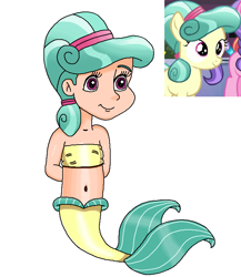 Size: 680x785 | Tagged: safe, artist:ocean lover, coral shores, crystal pony, human, mermaid, g4, arm behind back, bandeau, bare shoulders, belly, belly button, child, cute, female, fins, fish tail, gradient hair, green hair, hair bun, hairpin, happy, human coloration, humanized, innocent, light skin, looking at someone, mermaid tail, mermaidized, mermay, midriff, ms paint, pink eyes, reference, simple background, sleeveless, species swap, tail, tail fin, transparent background, two toned hair, white background, yellow tail