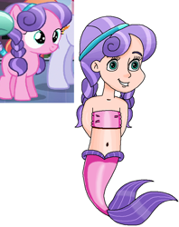 Size: 672x847 | Tagged: safe, artist:ocean lover, cloudy spinel, crystal pony, human, mermaid, g4, arm behind back, bandeau, bare shoulders, belly, belly button, child, cute, female, fins, fish tail, gradient hair, hairpin, happy, human coloration, humanized, innocent, light skin, looking at someone, mermaid tail, mermaidized, mermay, midriff, ms paint, pigtails, pink tail, purple hair, reference, simple background, sleeveless, species swap, tail, tail fin, teal eyes, two toned hair, white background