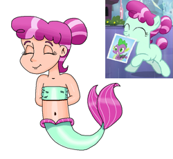 Size: 817x753 | Tagged: safe, artist:ocean lover, crystal pony, human, mermaid, g4, arm behind back, bandeau, bare shoulders, belly, belly button, cheerful, child, cute, excited, excitement, eyes closed, female, fins, fish tail, gradient hair, green tail, hair bun, happy, human coloration, humanized, innocent, light skin, mermaid tail, mermaidized, mermay, midriff, ms paint, reference, simple background, sleeveless, smiling, species swap, tail, tail fin, two toned hair, white background