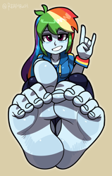 Size: 1325x2079 | Tagged: safe, artist:reathroch, rainbow dash, human, equestria girls, g4, barefoot, devil horn (gesture), feet, female, fetish, foot fetish, foot focus, looking at you, simple background, smiling, smiling at you, soles, solo, solo female, toenails, toes