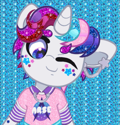 Size: 625x650 | Tagged: safe, artist:partypievt, oc, oc only, oc:party pie, pony, unicorn, anthro, animated, arse, collar shirt, ear piercing, earring, eyestrain warning, facial markings, gif, glitter, glitter gif, horn, jewelry, looking at you, one eye closed, piercing, solo, wink, winking at you
